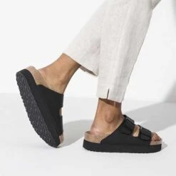 Birkenstock Arizona Platform Vegan - Birko Flor Black- Medium/Narrow 11 Birkenstock Arizona Platform Vegan - Birko Flor Black- Medium/Narrow -PeakStride Sports Sales 1018520 f closeup f
